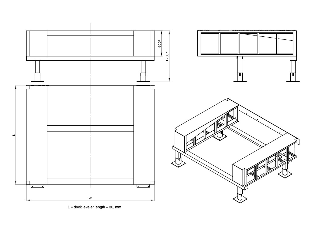Straight free-standing frame (90°) for a mechanical leveler and an embedded type dock leveler with hinged lip